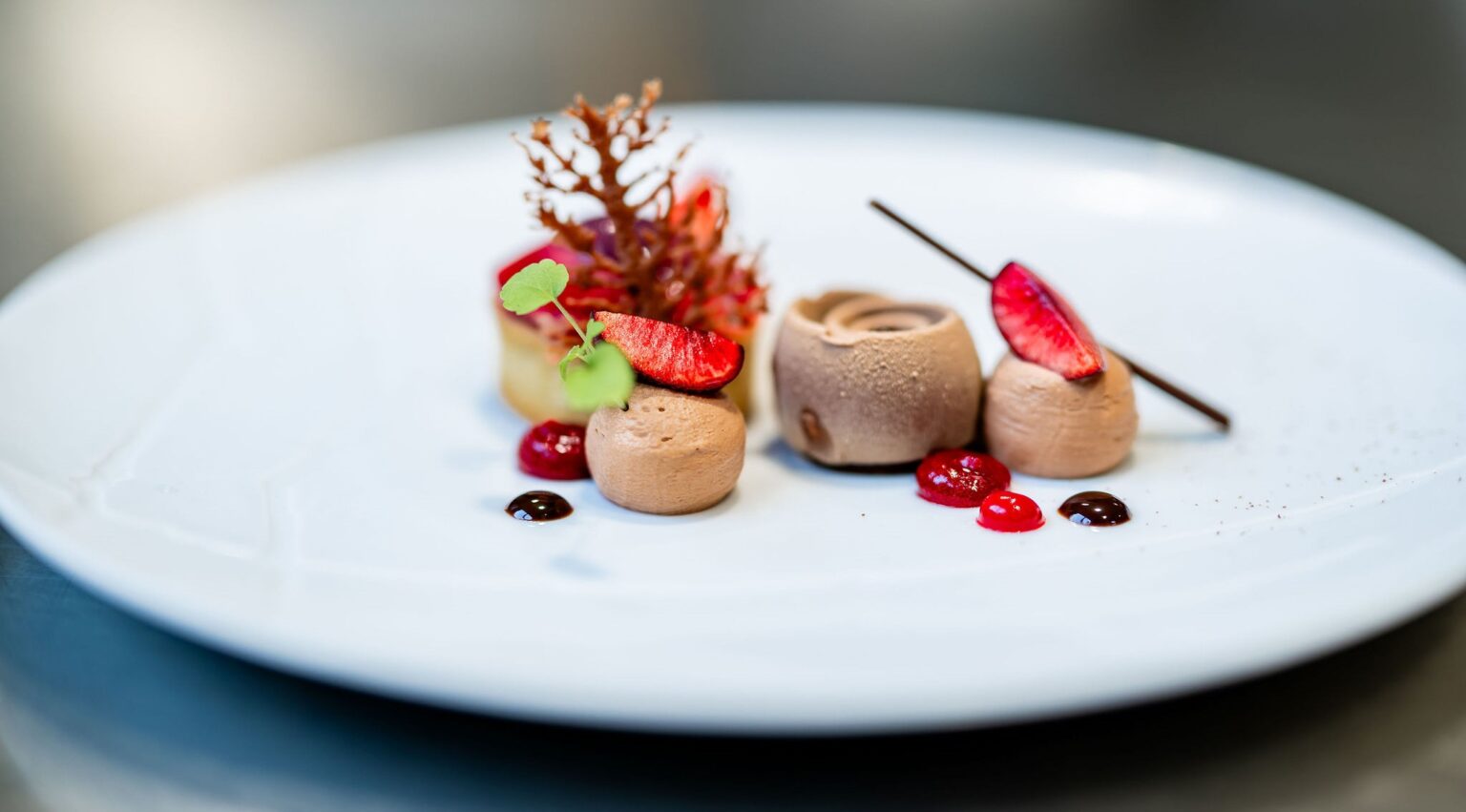 Mousse au chocolat et fruits, dessert gastronomique du Vieux Bois, Genève.